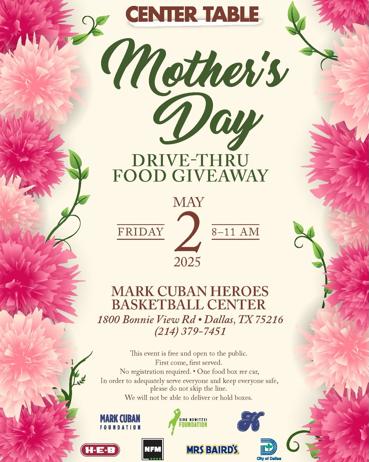 Center Table Mother's Day food distribution announcement